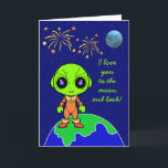Alien Birthday Card new by Jo Images<br><div class="desc">A colourful Friendly Alien with the sentiment "Love you to the moon and back!" Inside "Happy Birthday to my favourite earthling!" Text can be customised to suit your occasion.</div>