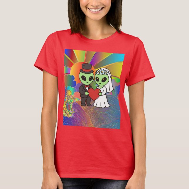 Alien Bride and Groom Retro Neon Galactic Wedding  T-Shirt (Front)