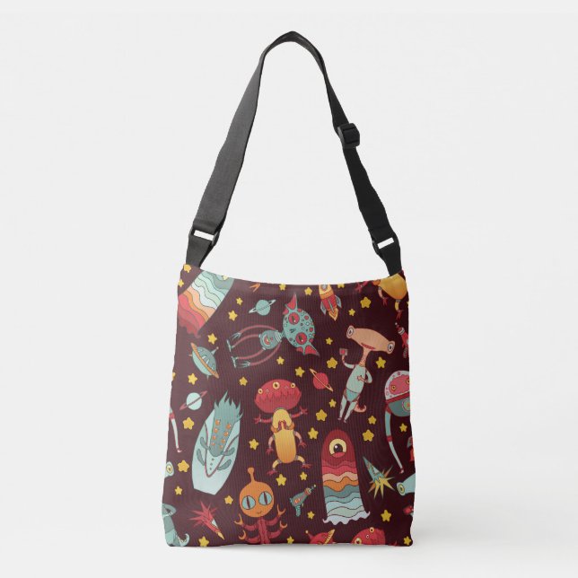 Alien Cartoon: Vintage Space Fun Crossbody Bag (Front)