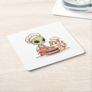 Alien Cat Birthday Party Cartoon Square Paper Coaster