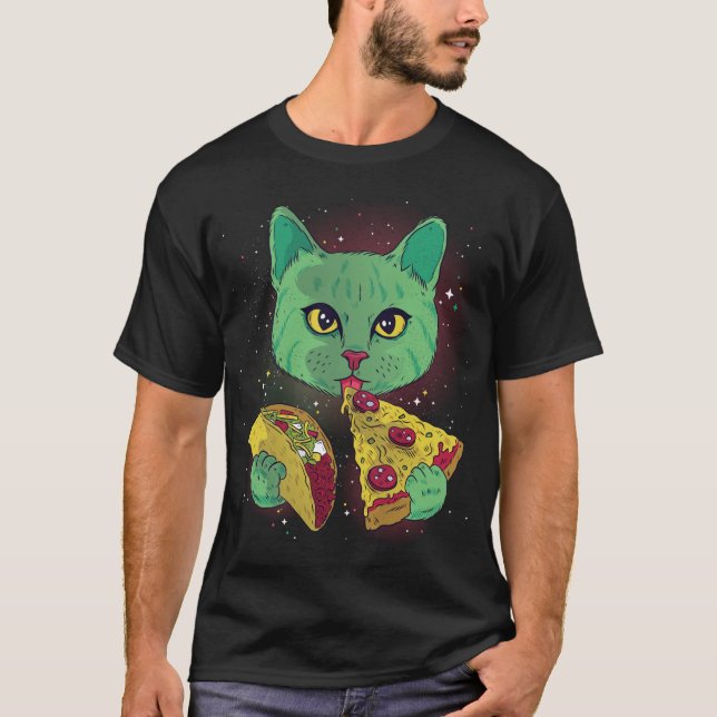 Alien Cat Funny Eat Pizza Taco Space Cats Kitty Lo T-Shirt (Front)