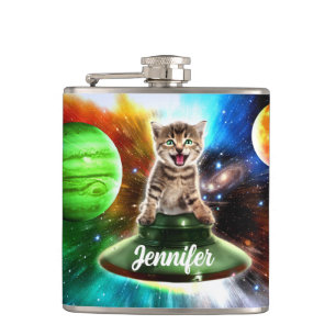 Alien cat in the ufo saucer hip flask
