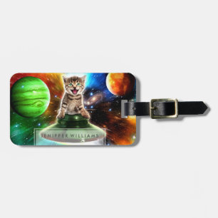 Alien cat in the ufo saucer luggage tag