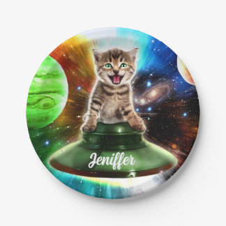 Alien cat in the ufo saucer paper plate
