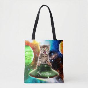 Alien cat in the ufo saucer                        tote bag