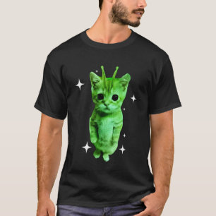 Alien Cat Meme Green Space Kitty Funny UFO Men Wom T-Shirt