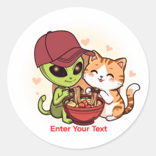 Alien & Cat Sharing Ramen Kawaii Art Classic Round Sticker