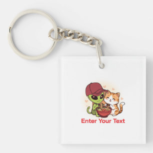 Alien & Cat Sharing Ramen Kawaii Art Key Ring