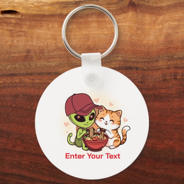 Alien & Cat Sharing Ramen Kawaii Art Key Ring (Front)