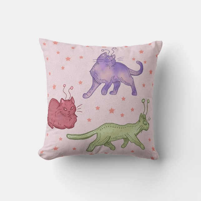 Alien Cats Whimsical Space Cat Funny Sci-Fi Cushion (Front)