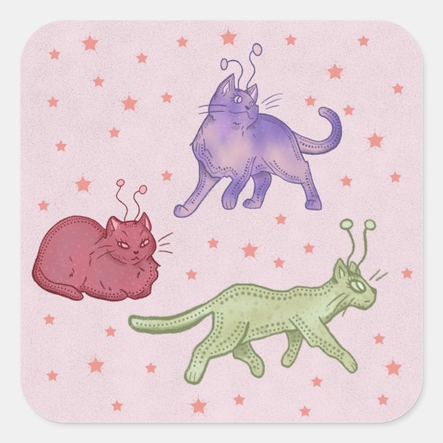 Alien Cats Whimsical Space Cat Funny Sci-Fi Square Sticker (Front)