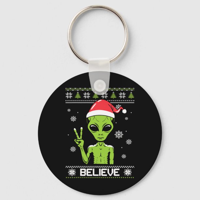Alien Christmas Sweater Believe Funny Xmas Alien S Key Ring (Front)