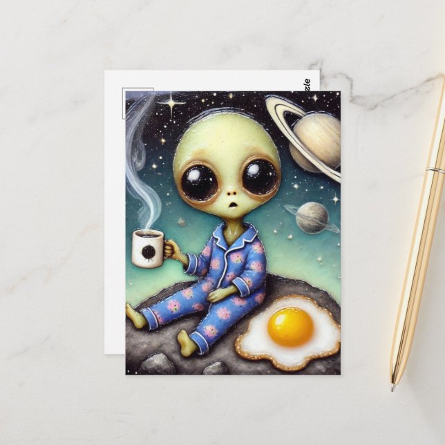 Alien Coffee With Egg and Coffee Postcard (Front/Back In Situ)