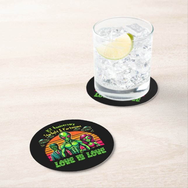 Alien Couple in Galactic Affection Round Paper Coaster (Insitu)