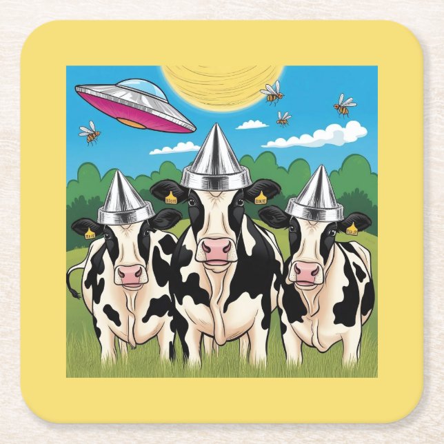 Alien Cows Tin Foil Hats,  UFO UAP Square Paper Coaster (Front)