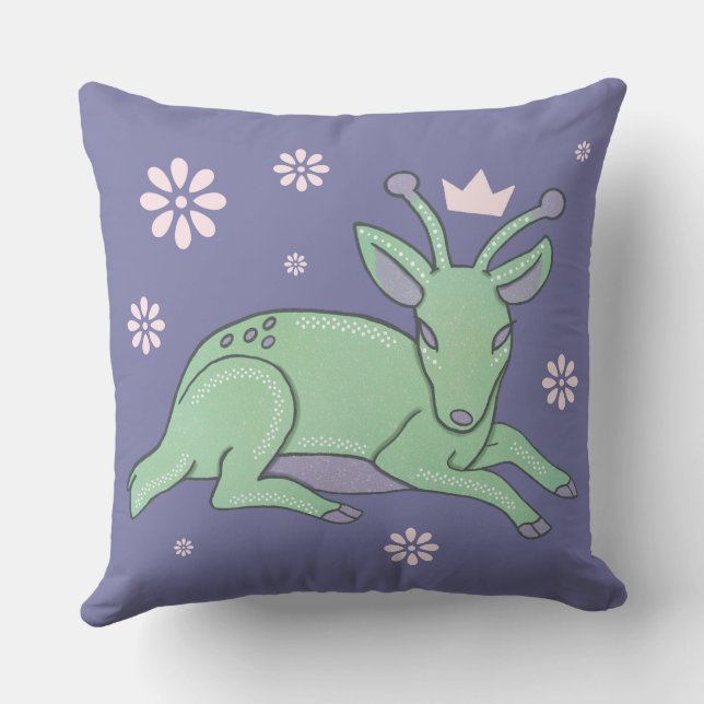Alien Deer Folk Art | Whimsical Green Fawn Cushion (Back)