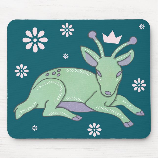 Alien Deer Folk Art | Whimsical Green Fawn Mouse Pad (Front)