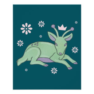 Alien Deer Folk Art Whimsical Green Fawn Poster