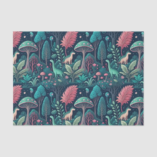 Alien Dinosaur Sci-Fi Neon Mushroom Forest Pattern Tissue Paper (Front)