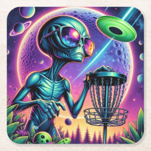 Alien Disc Golf Square Paper Coaster