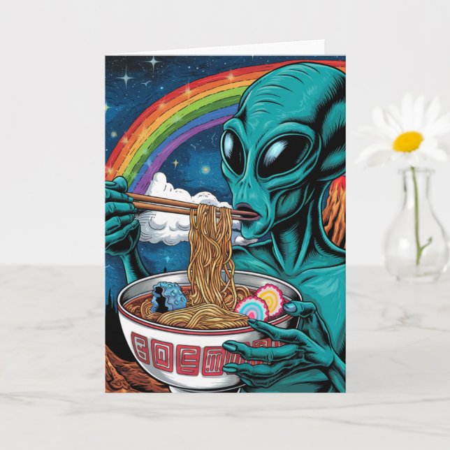 Alien Eating Noodles All Occasions Card (Small Plant)