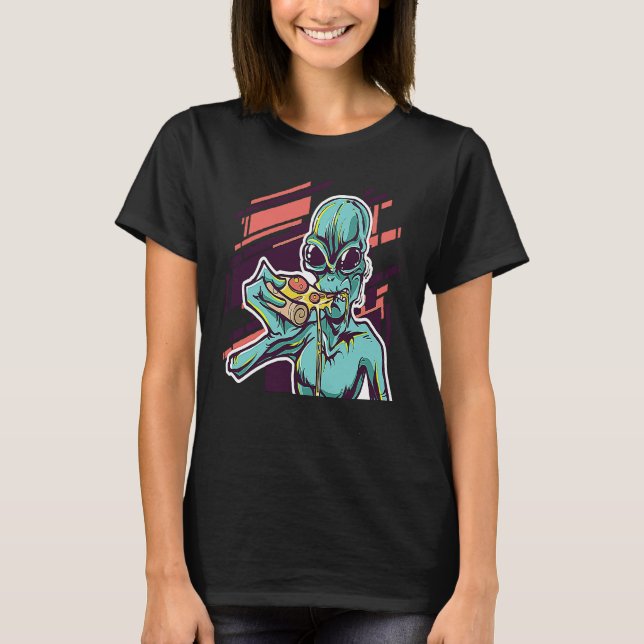 Alien Eating Pizza Modern UFO Martian T-Shirt (Front)