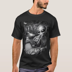 Alien Eating Pizza Ufo Rooftop City T-Shirt