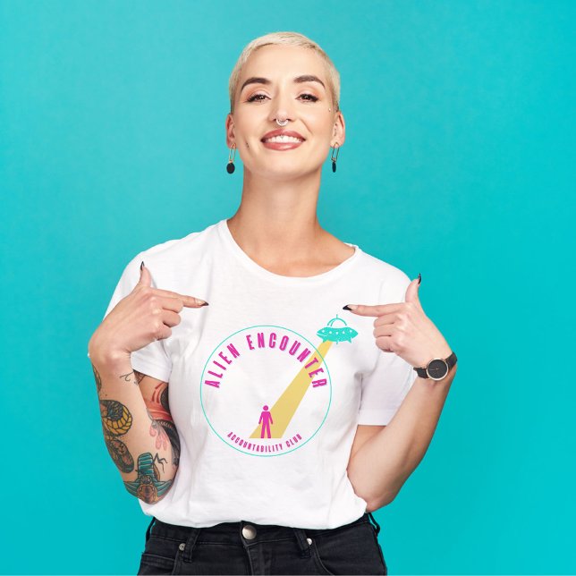 Alien Encounter Club Funny Hot Pink & Teal Graphic T-Shirt (Creator Uploaded)