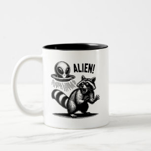 Alien Encounter Unisex T-shirt, Scared Racoon Two-Tone Coffee Mug