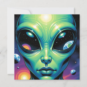 Alien Face with Planets Reflections in Eyes