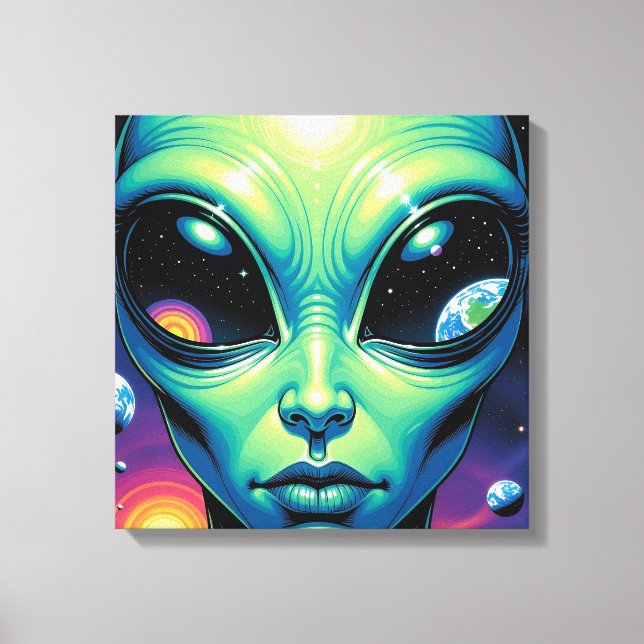 Alien Face with Planets Reflections in Eyes Canvas Print (Front)