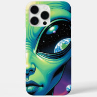 Alien Face with Planets Reflections in Eyes