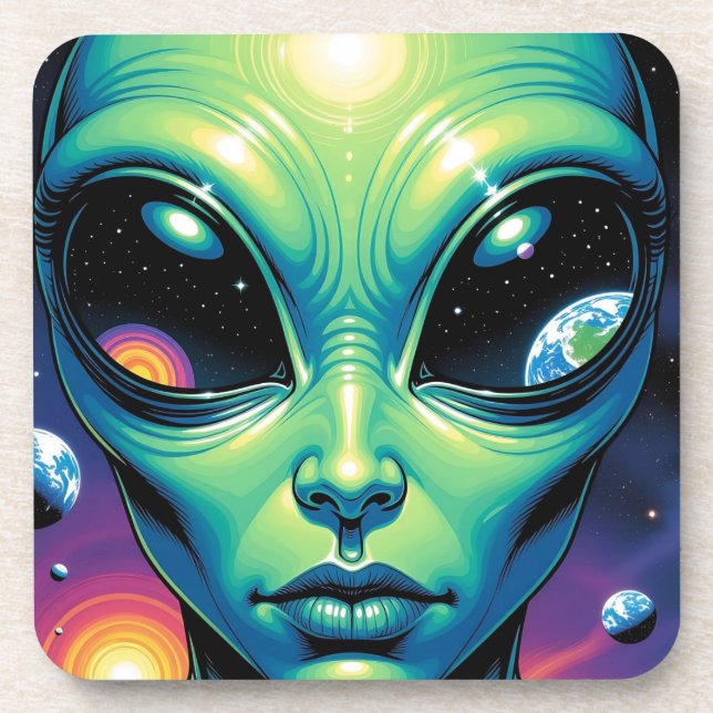 Alien Face with Planets Reflections in Eyes Coaster (Front)