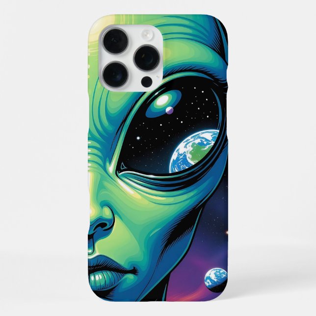 Alien Face with Planets Reflections in Eyes iPhone Case (Back)
