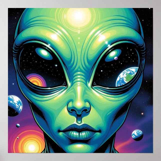 Alien Face with Planets Reflections in Eyes Poster (Front)