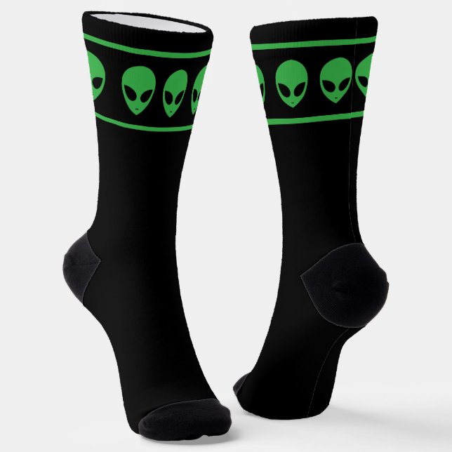 Alien Faces Green and Black Extra Terrestrial Socks (Angled)