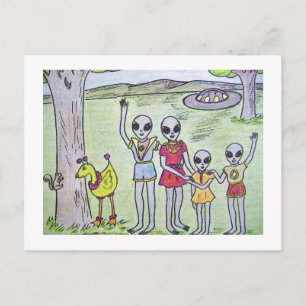 Alien Family Waiving Good Bye Postcard