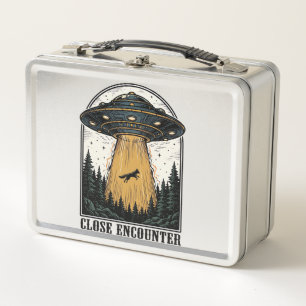 Alien Forest Abduction Vintage UFO Engraving Metal Lunch Box