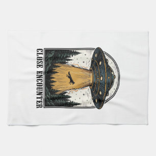 Alien Forest Abduction Vintage UFO Engraving Tea Towel