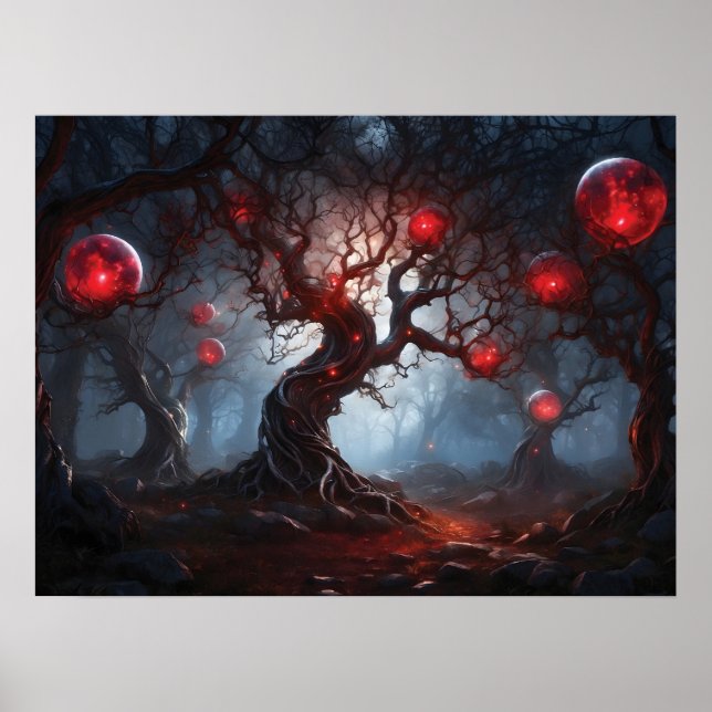 Alien Forest, Twisted Trees, Glowing Red Orbs Poster (Front)