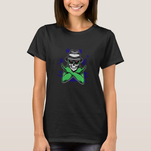 Alien Gangster Skull Skeleton Death Outlaw Invader T-Shirt (Front)