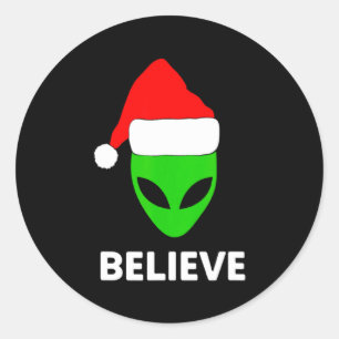 Alien Green Face Christmas Santa Hat Believe Classic Round Sticker
