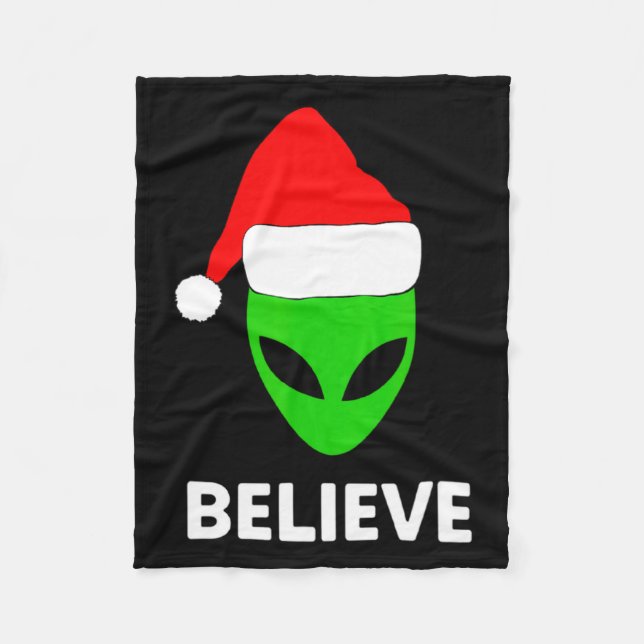Alien Green Face Christmas Santa Hat Believe  Fleece Blanket (Front)
