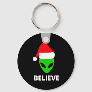 Alien Green Face Christmas Santa Hat Believe Key Ring