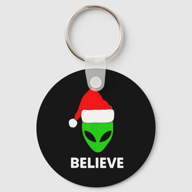 Alien Green Face Christmas Santa Hat Believe  Key Ring (Front)