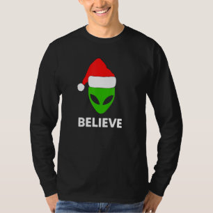 Alien Green Face Christmas Santa Hat Believe T-Shirt