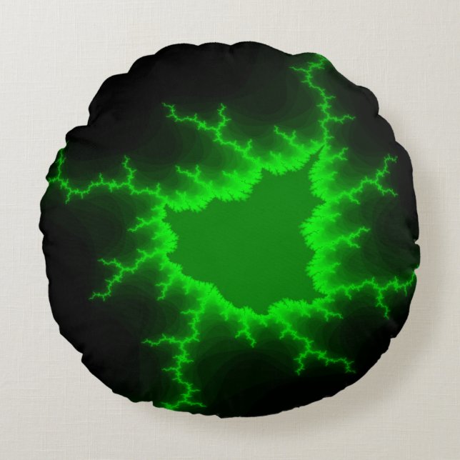 Alien Green Lightning Strikes in Pitch Black Round Cushion (Front)