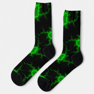 Alien Green Lightning Strikes in Pitch Black Socks