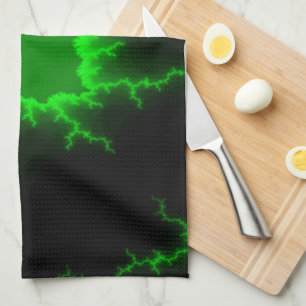 Alien Green Lightning Strikes in Pitch Black Tea Towel