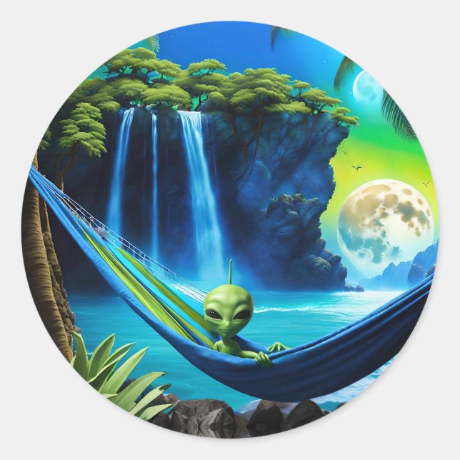 Alien Hammock on Beach Vacation  Classic Round Sticker (Front)